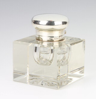 A silver topped square clear glass inkwell with bright cut base, London 1931, 12cm 
