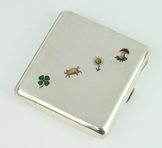 A 900 standard silver cigarette case with enamelled decoration depicting a 4 leaf clover, pig, daisy and toadstool, 128 grams