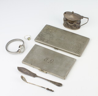A Victorian silver pierced mustard Chester 1898, 48 grams, 2 cigarette cases and other minor items 