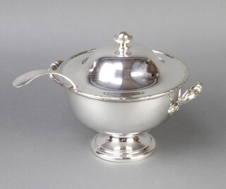 A silver plated 2 handled tureen and cover with later ladle 