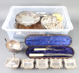 A silver plated sauce boat and other plated wares 