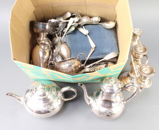 A silver plated candlestick and minor plated wares
