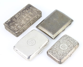 An Edwardian rectangular repousse silver snuff box decorated with figures in a landscape, Chester 1905 together with 3 silver cigarette cases, 266 grams
