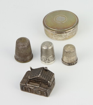 A Continental silver box in the form of a house 2.5cm, circular snuff box and 3 thimbles, 71 grams