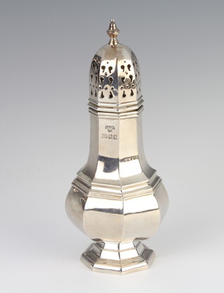 A Queen Anne style octagonal silver sugar shaker London 1966, 17cm, 160 grams