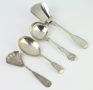 A George IV silver kings pattern caddy spoon and 3 others, 90 grams