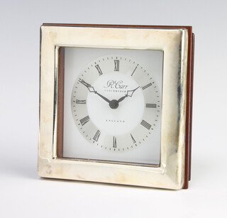 A modern square silver mounted quartz timepiece 12cm 