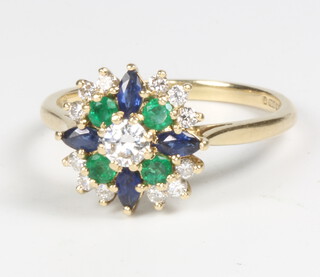 A 9ct yellow gold diamond, emerald and sapphire cluster ring, 3.5 grams, size O 1/2