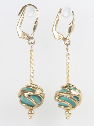 A pair of 9ct yellow gold turquoise drop earrings 30mm 