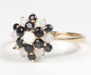 A 9ct yellow gold opal and sapphire ring, 2.6 grams, size Q (1 stone missing)