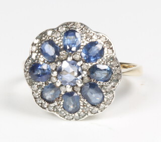 An Edwardian style yellow gold sapphire and diamond cluster ring size L, 2.8 grams