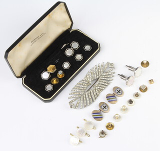 An Art Deco cased mother of pearl gilt dress set of studs and minor jewellery 