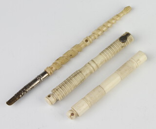 A Victorian bone Stanhope pen with views of D'Onival, 2 ditto needle cases 