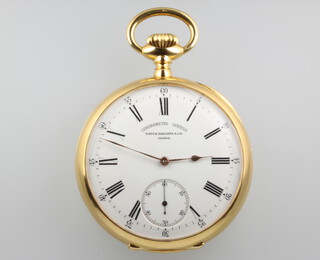 Patek Philippe, a gentleman's 18ct yellow gold cased mechanical pocket watch, the dial inscribed chronometro gondolo Patek Philippe & Cie Geneva, with seconds at 6 o'clock, the movement numbered 163829, the cased numbered 268543, the engine turned case with C S monogram, contained in a 55mm case  

