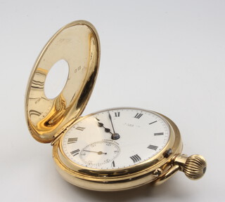 Of Railway Interest.  A gentleman's 18ct yellow gold half hunter pocket watch with enamelled front case, seconds at 6 o'clock, the dust cover with presentation inscription L M & S R to W C Woods "Royal Scot" Montreal, Ottawa, Toronto, Boston, New York, Washington, Pittsburgh, Chicago, St Louis, Salt Lake City, Los Angeles, San Francisco, Vancouver, Winnipeg, Detroit. 1933, With gratitude and appreciation from the directors L M and S R, hallmarked London 1932, gross weight 97.4 grams, the watch is in working condition, contained in a 49mm case, together with a LMS magazine dated January 1934 with a write up of the American trip of the Royal Scot mentioning "fitter Woods" and a booklet "The Royal Triumph of The Royal Scot" and photocopied ephemera 
