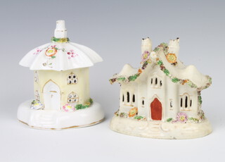 A Victorian Staffordshire pastel burner in the form of a octagonal cottage decorated flowers 14cm, a ditto 11cm 