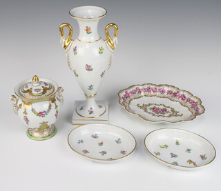 A modern Dresden dish decorated with flowers 22cm, a pair of oval ditto 16cm, a lidded pot 12cm and a 2 handled vase 27cm 
