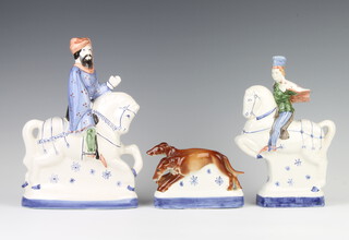 Three modern Rye Pottery figure groups including one of two running greyhounds 14cm, figure on a rearing horse 24cm and a gentleman on horseback 25cm 
