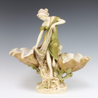 A Royal Dux Art Nouveau centrepiece with a lady sitting between 2 upturned shells no.1091 40cm 