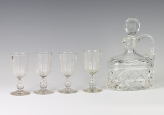 A cut glass oval ewer and stopper 21cm, 4 19th Century sherry glasses 12cm 