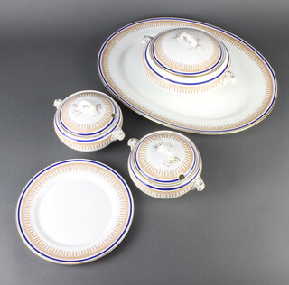 An Adderley Ware Windsor pattern part dinner service comprising 10 dinner plates, 9 side plates, 12 small plates, 1 oval meat plate, 4 oval plates, 2 large tureens, 2 small tureens, having gilt and blue rim decoration 