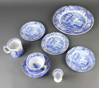 A matched Spode Italian tea, coffee and dinner service comprising 6 coffee cans, 8 saucers, 8 tea cups, 8 saucers, teapot, milk jug, 10 small plates, 8 dinner plates, 2 bowls, egg cup, mug, 2 handled bowl and cover, 2 similar jars and covers