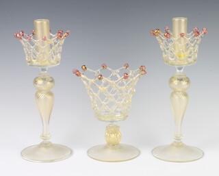 A pair of Murano glass candlesticks with basket work necks 31cm together with a ditto centre piece 21cm 