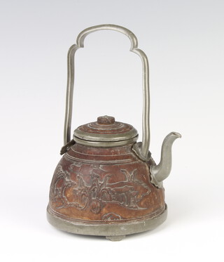 A 19th Century Chinese carved coconut wine kettle with pewter mounts, the body decorated with landscape views 16cm 