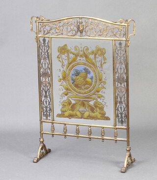 A Victorian pierced gilt metal etched and painted glass firescreen, the panel to the centre decorated fruit 78cm h x 53cm w x 23cm 