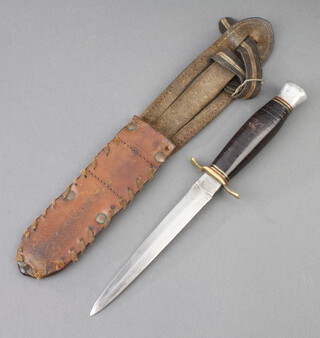 A Boy Scout type double bladed knife with 14.5cm blade and leather scabbard