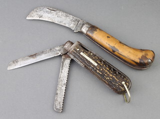 A Horseman folding knife with knife, saw blade, hoof pick, gimlet, corkscrew and bodkin with horn grip (1 blade missing) together with a Victorian Mellor patent pruning knife with hardwood grip 