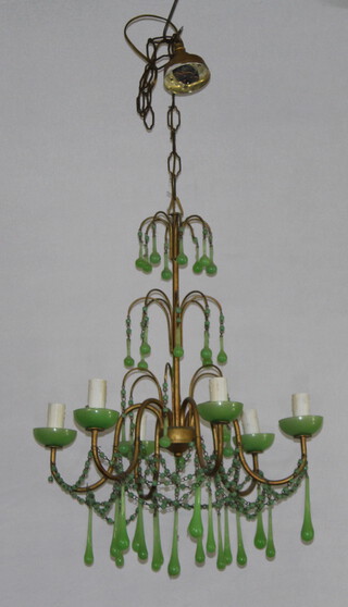 A 1930's gilt painted metal and jade coloured glass 3 tier circular, 6 branch electrolier hung jade coloured drops 56cm h x 40cm diam. 