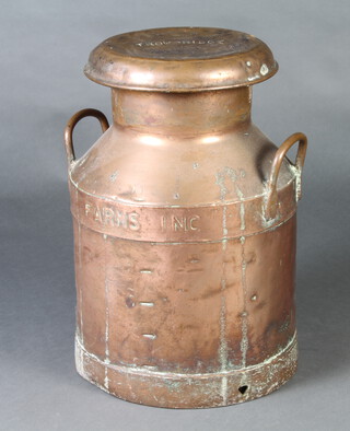 A Lord Rayleigh's Farms Inc. 19th Century copper twin handled milk churn, body marked 5/63, lid marked Trowbridge 50cm h x 26cm diam.  
