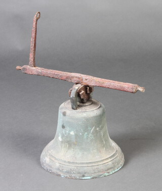 A 19th Century cast bronze bell 24cm x 25cm with part iron cradle