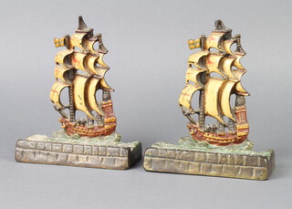 A pair of Art Deco cold painted bronze bookends in the form of 3 masted galleons 15cm h x 13cm w x 5cm d 