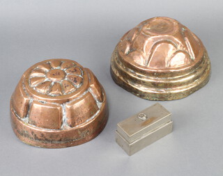 A 19th Century rectangular metal curling tong burner 2.5cm x 9cm x 4cm together with 2 copper jelly moulds 9cm x 16cm diam. and 7cm x 19cm 
