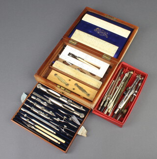 A Stanley part geometry set together with a wooden parallel ruler, various gauges in a wooden box with hinged lid and a collection of drawing instruments 