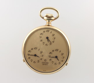 A gentleman's 14ct yellow gold Concorde quartz, triple dial dress pocket watch, case stamped 2098719, gross weight 47.3 grams, 45mm, 