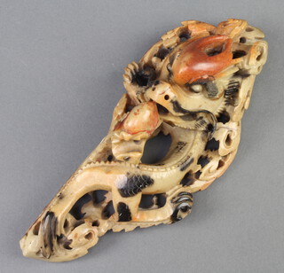 A Chinese carved soapstone figure of a dragon with flaming pearl 21cm x 9cm 
