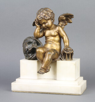 After Aug Moreau, a bronze figure of a seated cherub contemplating mortality raised on a stepped square base 27cm h x 24cm w x 12cm