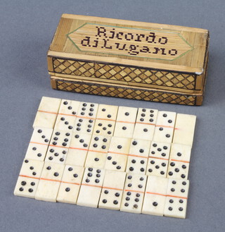A set of 24 19th Century bone and ivory miniature dominoes contained in a straw work case, lid marked Ricordo di Lugano