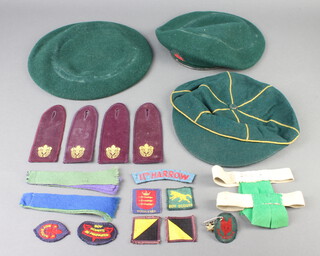 Attributable to Captain Skife-d'ingerthorpe, 2 pairs of Boy Scout epaulettes, ditto cap, 2 green Boy Scout berets, 2 garters, an 11th Harrow shoulder title and a collection of various cloth insignia 