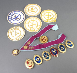 Seven Masonic Provincial Grand officers collar jewels, a Mark charity jewel, 5 apron centre badges