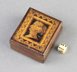 A Victorian rectangular Tunbridge Ware stamp box the lid inlaid a penny black 2cm x 4cm x 3.5cm containing bone dice 