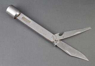 A 1950's Shakespeare 2 bladed folding fishing knife with saw blade, bottle opener and discourger, the blade marked stainless steel, base of the grip incorporating a priest 