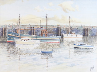 Arthur Hickman, watercolour signed and dated 1975, "Sunday Morning in Bridlington Harbour" with a Rotherham Art Society of Fine Art label to the back 36cm x 48cm 