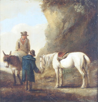 After George Morland (1762-1804), oil on board unsigned, country path with a man and his horse meeting a man on a donkey, with handwritten inscription to the back 28cm x 27cm 