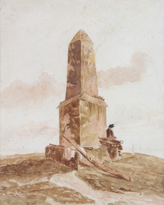 19th Century watercolour unsigned, figures sitting beside a column overlooking a coastal view "The Crowstone" 27cm x 21cm 