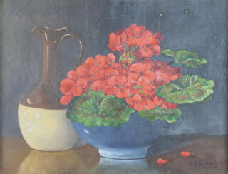 H G Chittenden 1942, oil on canvas, still life study, vase of flowers and an earthenware ewer 29cm x 39cm 
