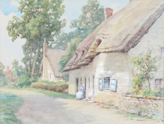 Thomas Edward Francis (1899-1912), watercolour signed, lady sitting before a thatched cottage 21cm x 28cm 